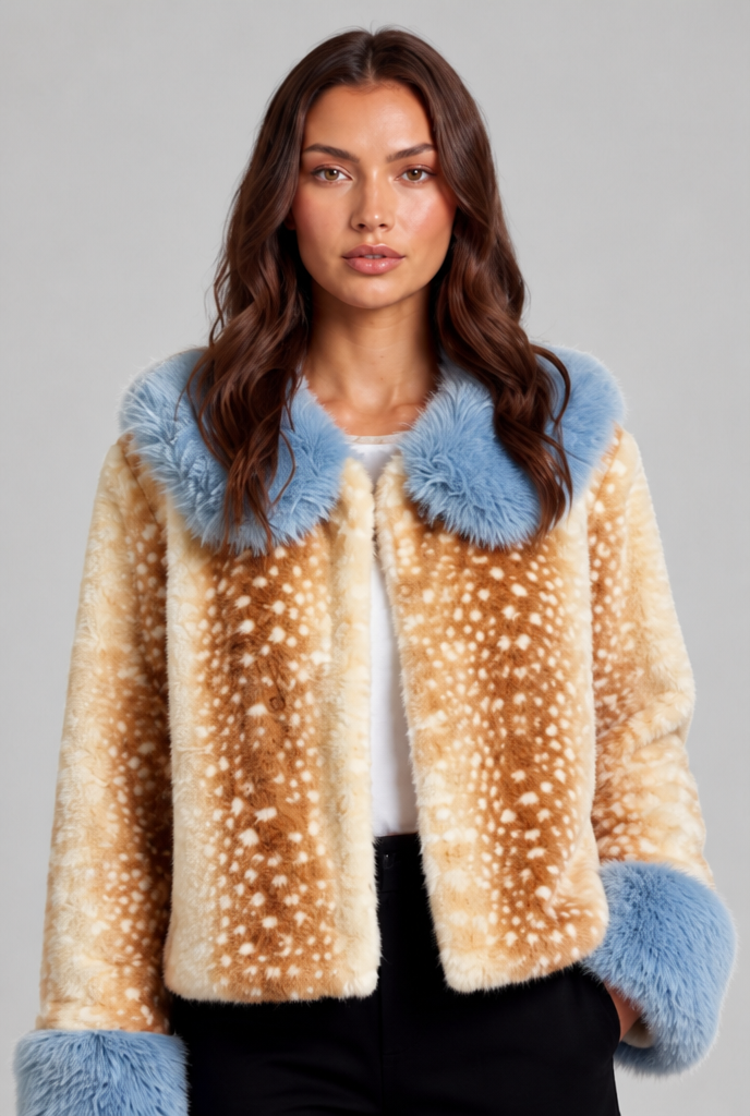 Cropped Faux Fur Jacket with Contrast Trim