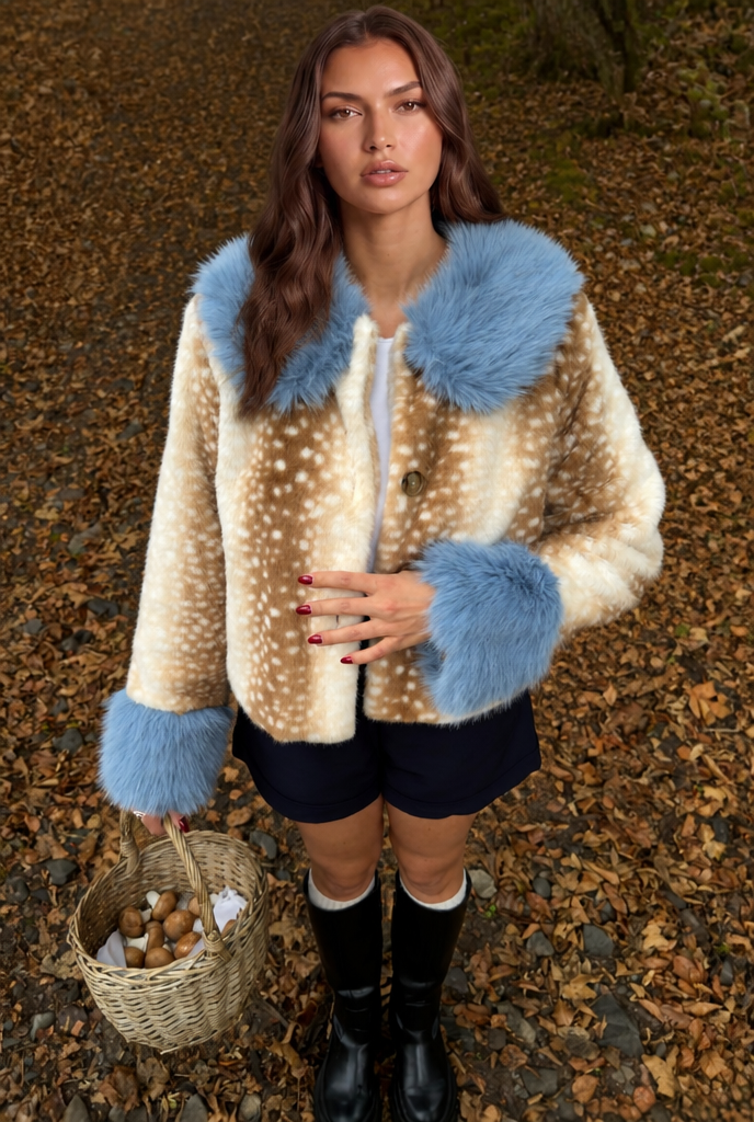 Cropped Faux Fur Jacket with Contrast Trim
