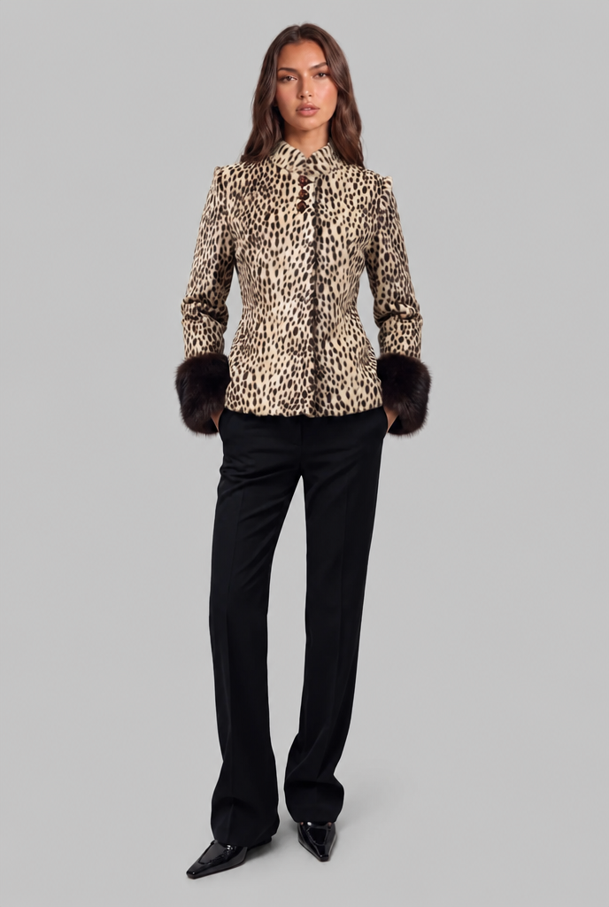 Leopard Print Jacket with Fur Cuffs
