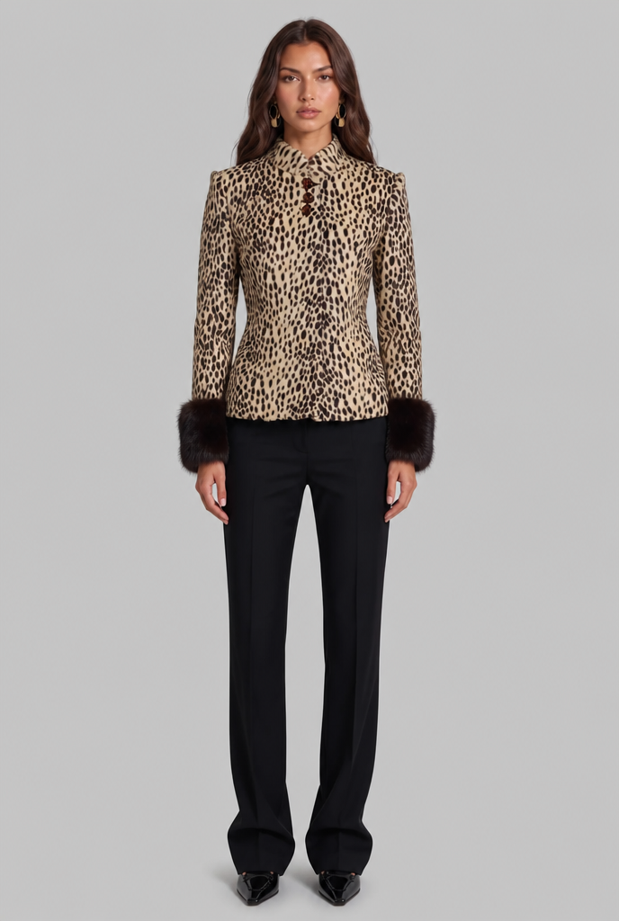 Leopard Print Jacket with Fur Cuffs