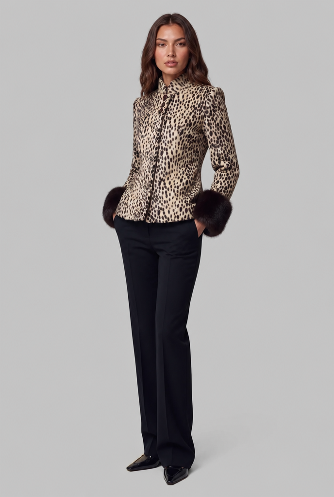 Leopard Print Jacket with Fur Cuffs