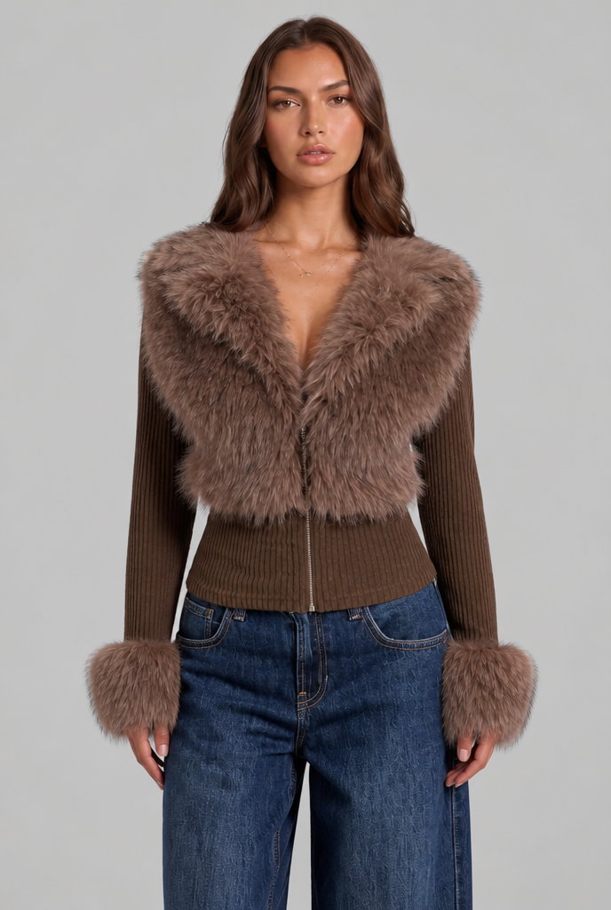 Faux Fur Trim Knit Cardigan