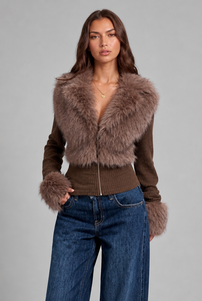 Faux Fur Trim Knit Cardigan