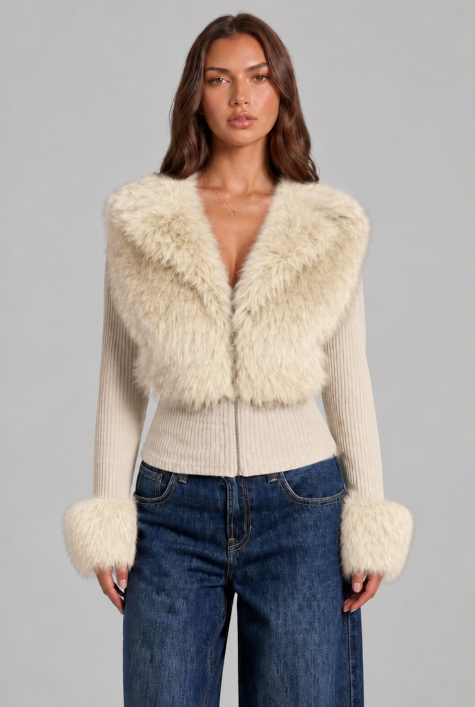 Faux Fur Trim Knit Cardigan