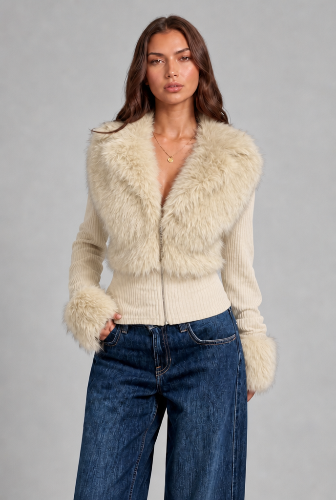 Faux Fur Trim Knit Cardigan