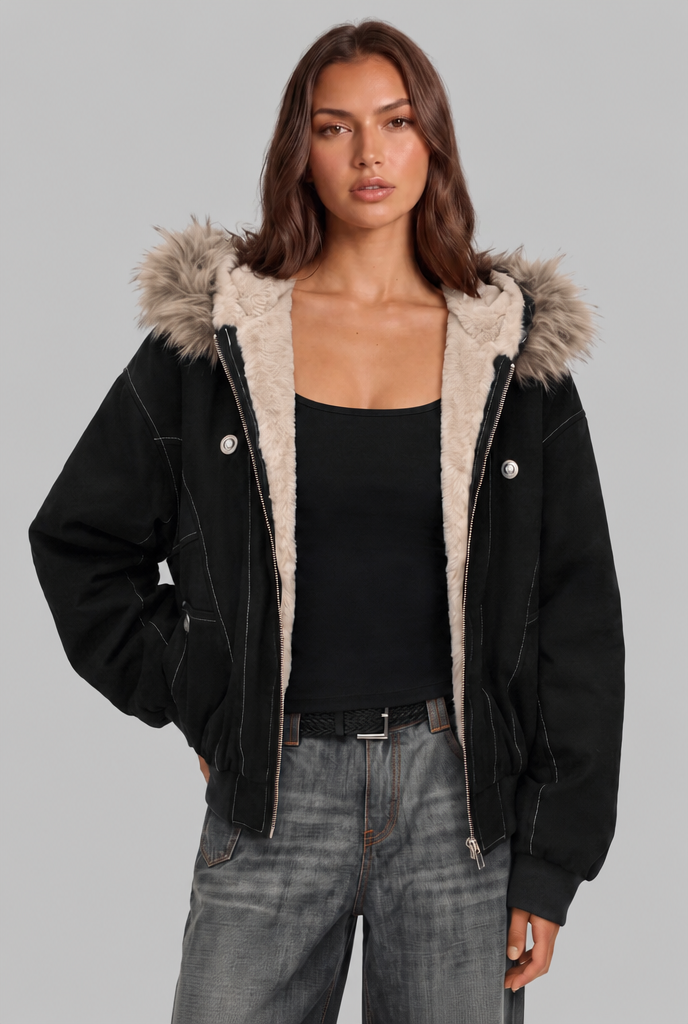 Fur Lined Hooded Bomber Jacket