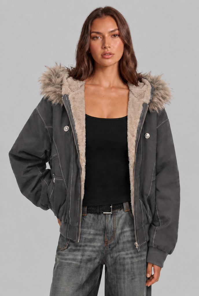 Fur Lined Hooded Bomber Jacket