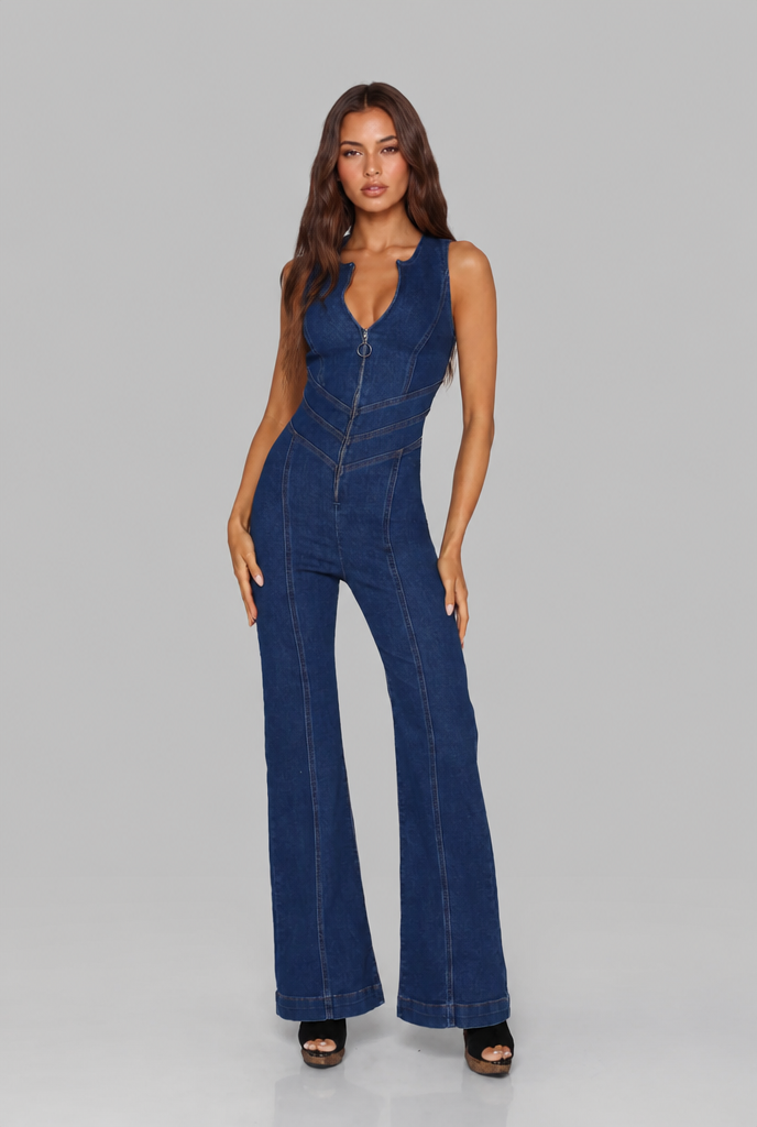 Flared Denim Jumpsuit With Heart Back-Detail