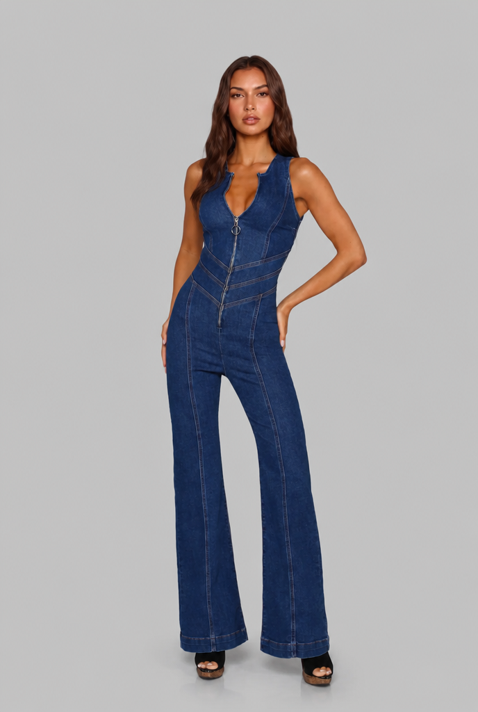 Flared Denim Jumpsuit With Heart Back-Detail