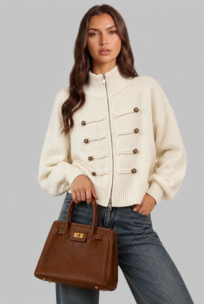 Military Zip Up Knit Cardigan