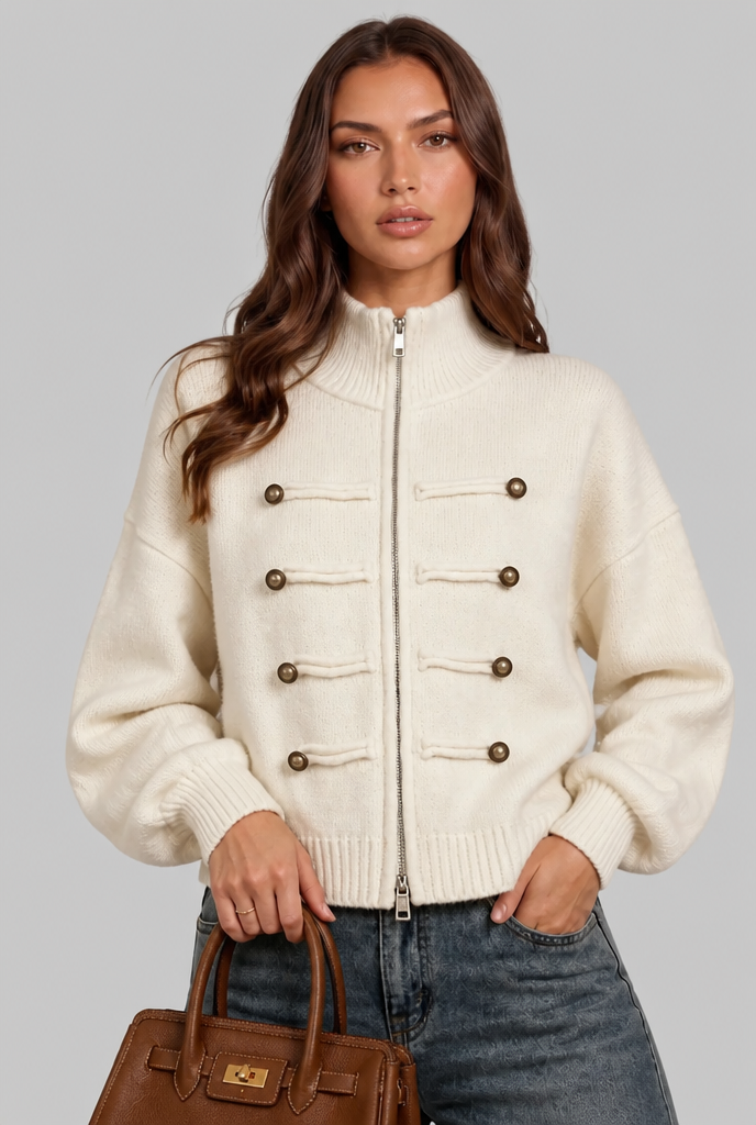 Military Zip Up Knit Cardigan