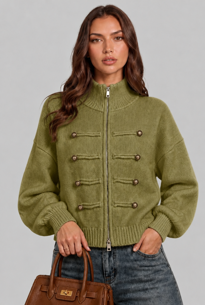 Military Zip Up Knit Cardigan