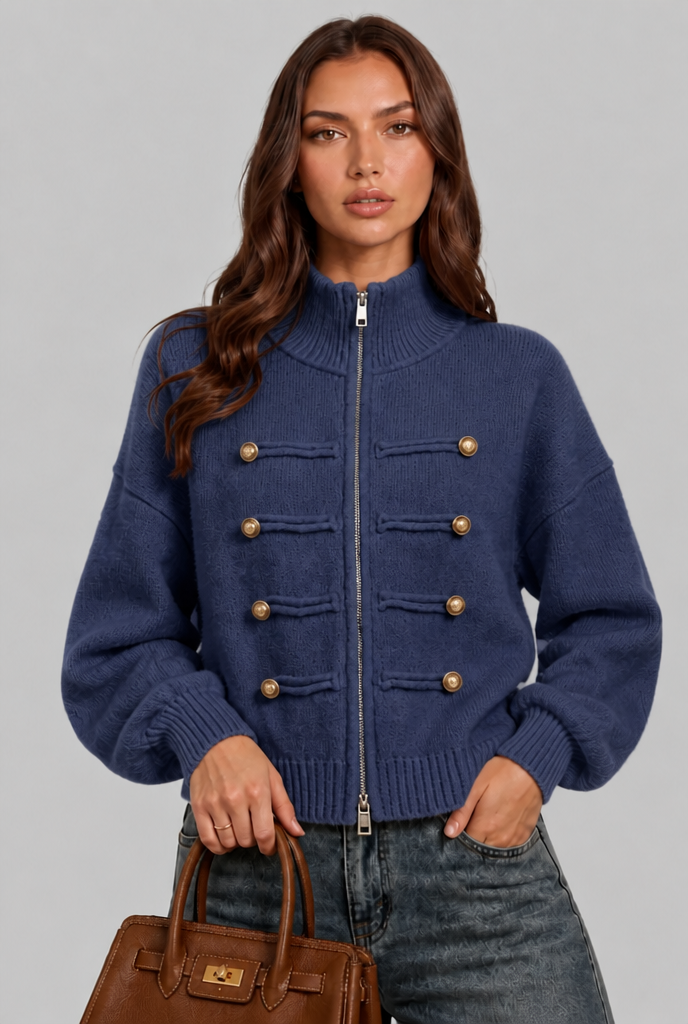 Military Zip Up Knit Cardigan