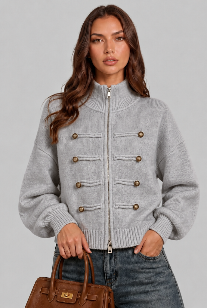 Military Zip Up Knit Cardigan