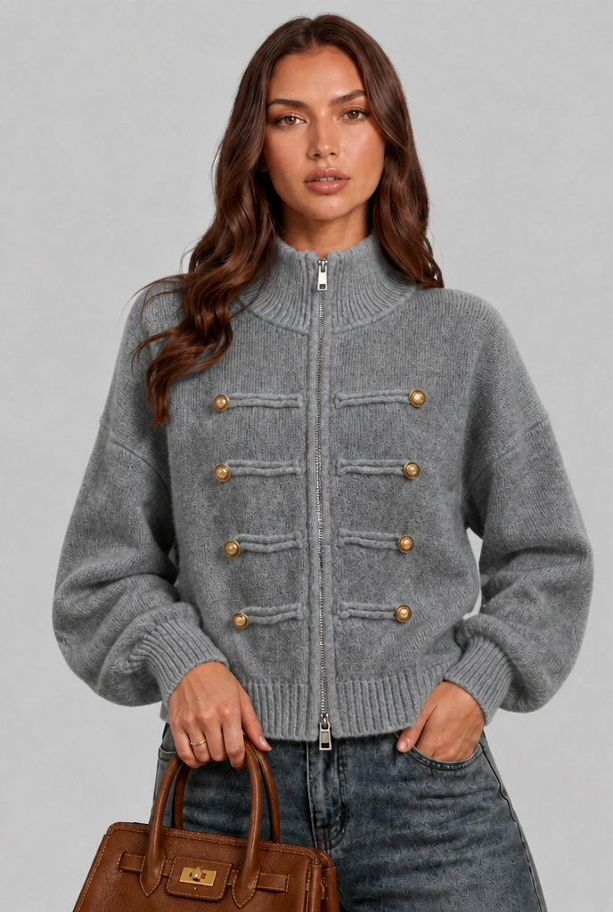 Military Zip Up Knit Cardigan