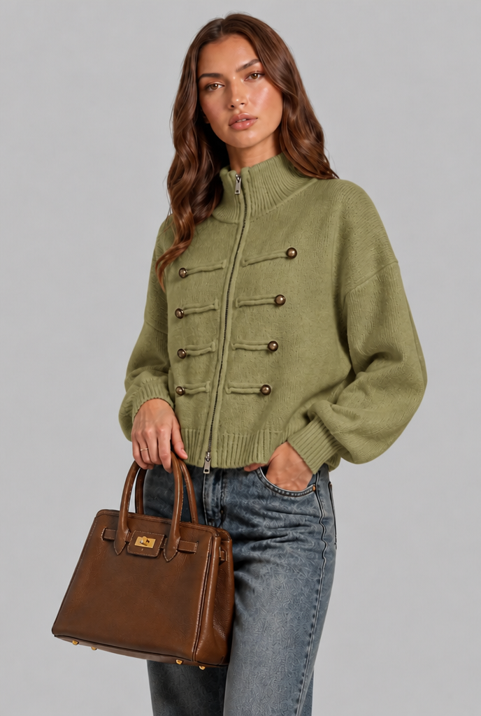 Military Zip Up Knit Cardigan