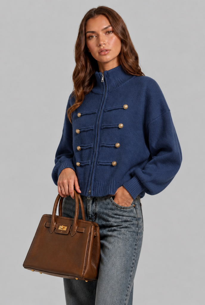 Military Zip Up Knit Cardigan