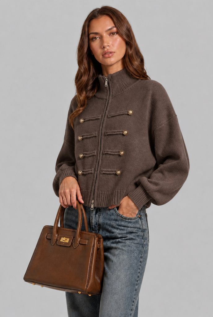 Military Zip Up Knit Cardigan