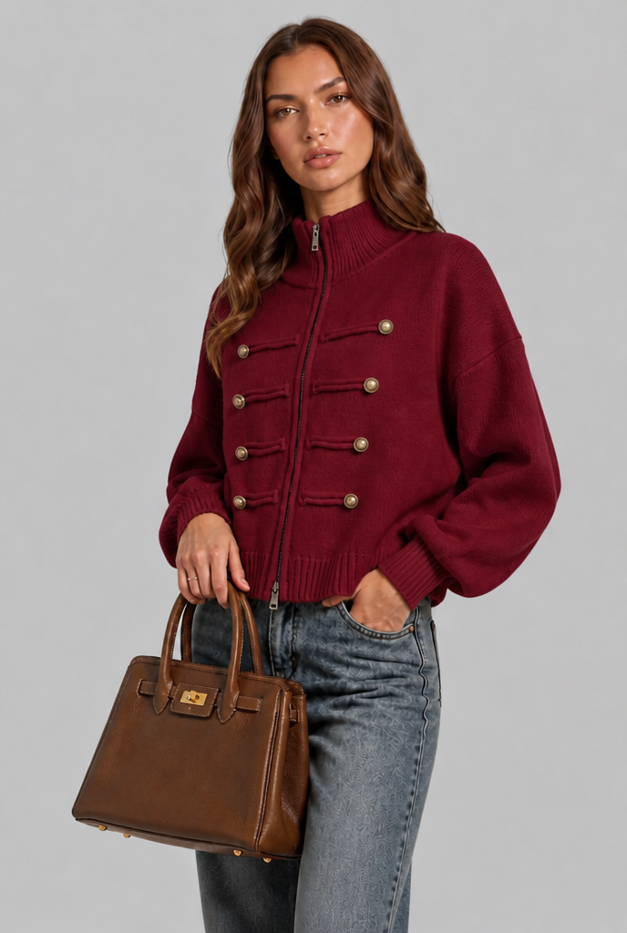 Military Zip Up Knit Cardigan