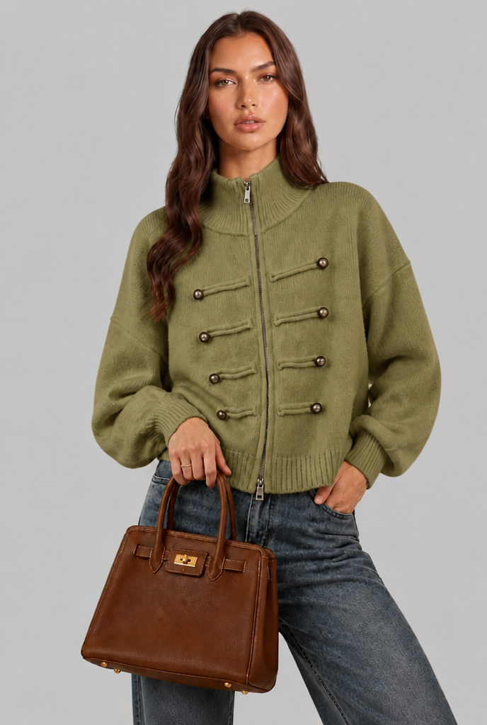 Military Zip Up Knit Cardigan