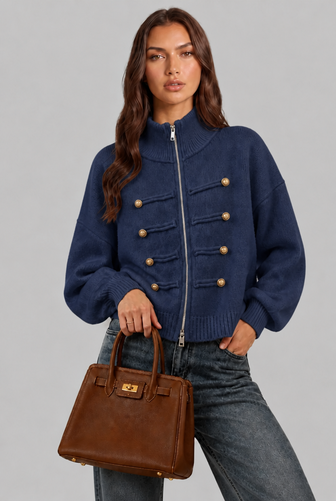 Military Zip Up Knit Cardigan