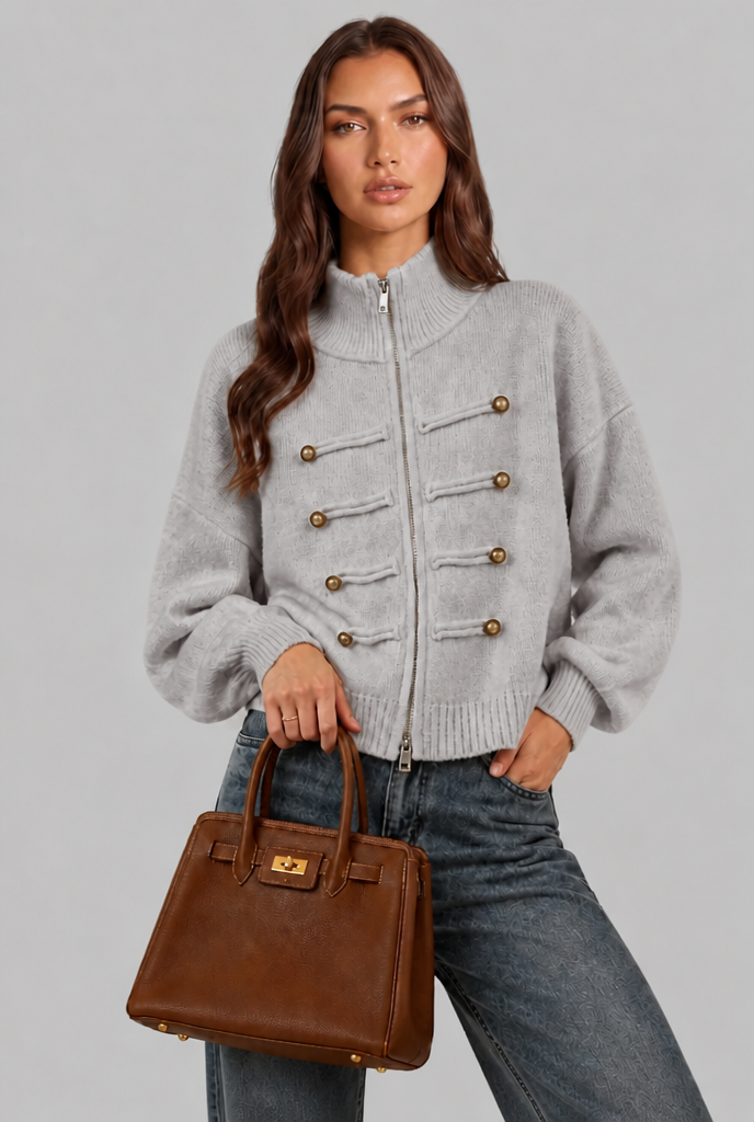 Military Zip Up Knit Cardigan