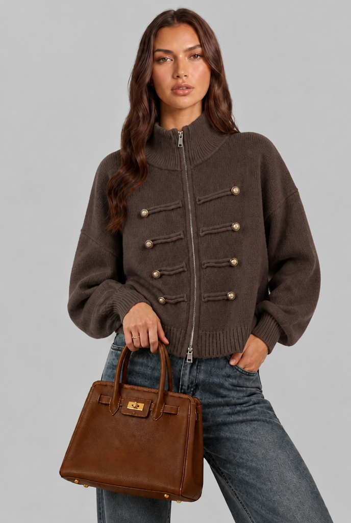 Military Zip Up Knit Cardigan