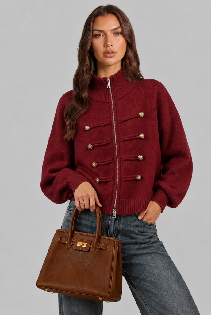 Military Zip Up Knit Cardigan