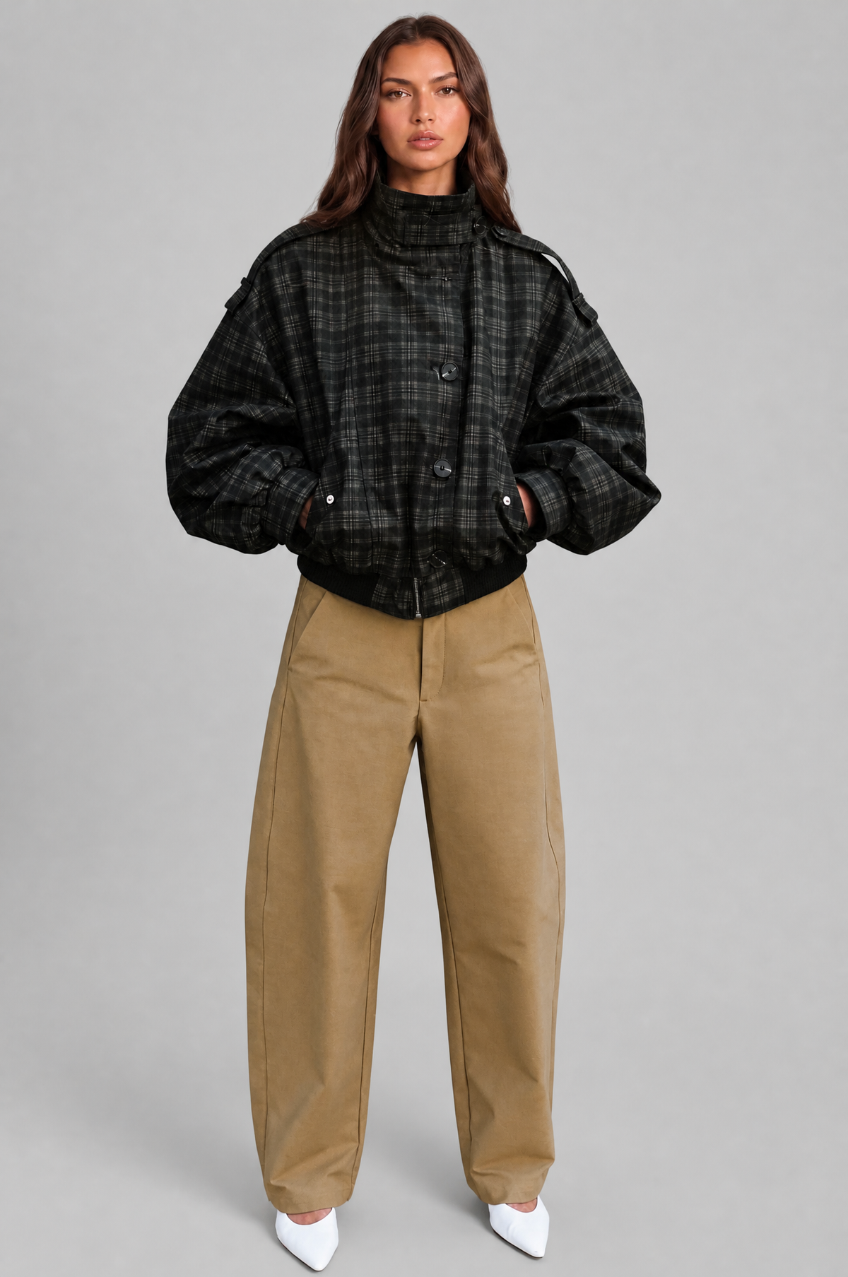 Check Oversized Bomber Jacket