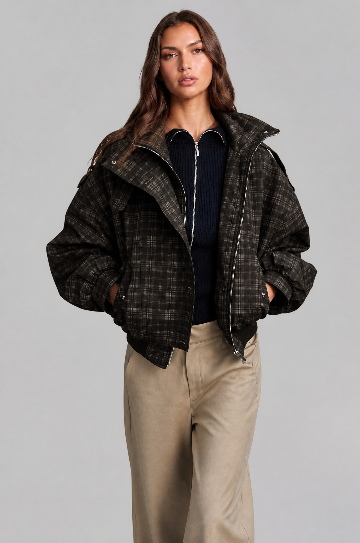 Check Oversized Bomber Jacket