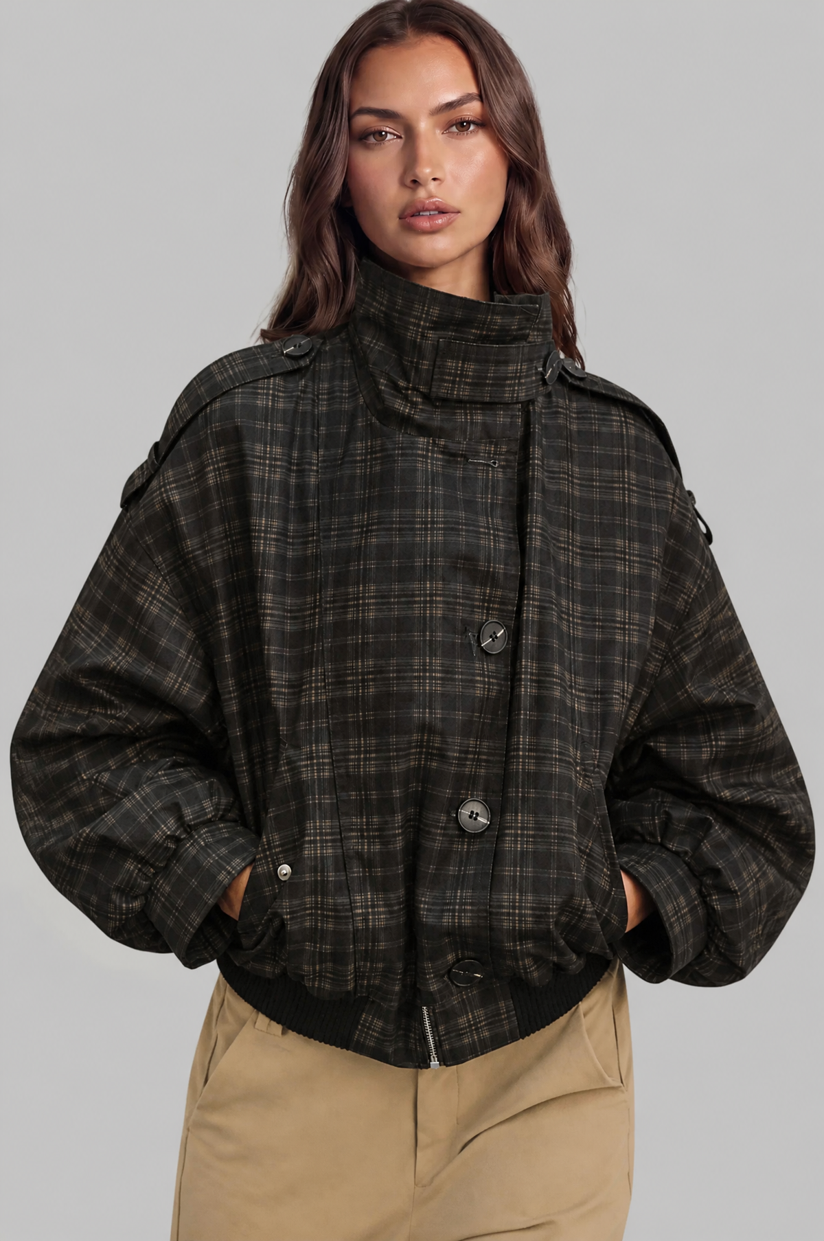 Check Oversized Bomber Jacket