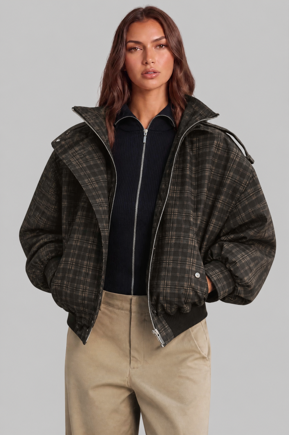 Check Oversized Bomber Jacket