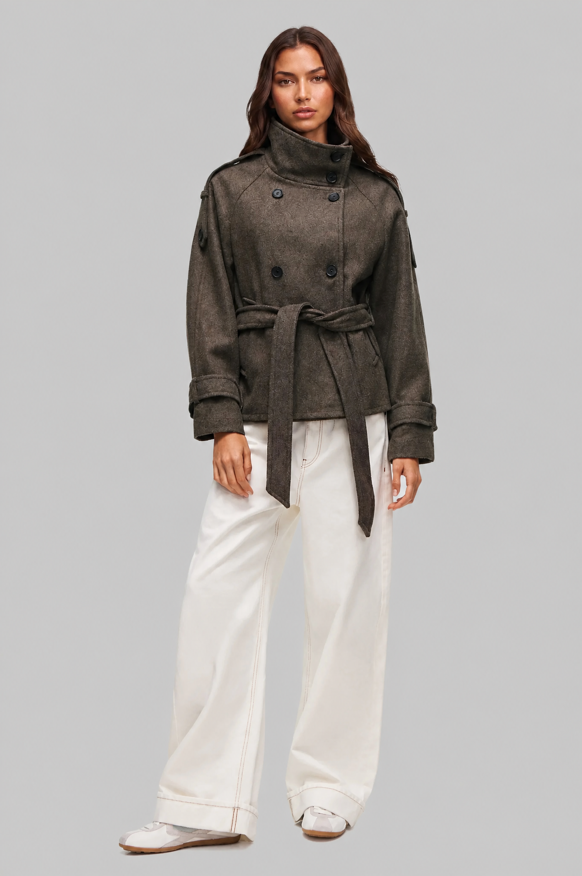 Short Belted Coat with Funnel Neck